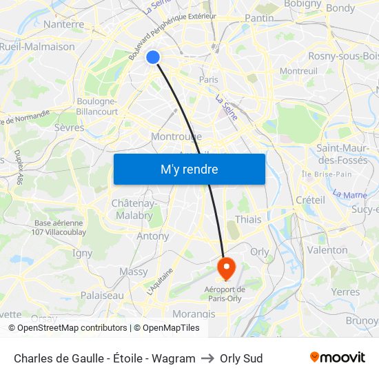 Charles de Gaulle - Étoile - Wagram to Orly Sud map