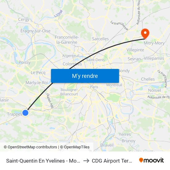 Saint-Quentin En Yvelines - Montigny-Le-Bretonneux to CDG Airport Terminal 2E Hall K map