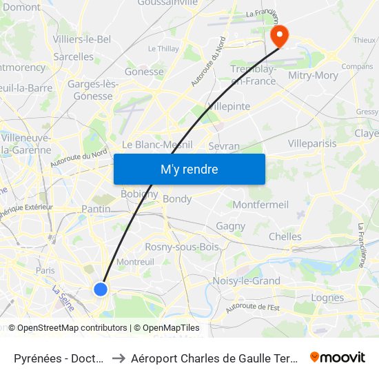 Pyrénées - Docteur Netter to Aéroport Charles de Gaulle Terminal 2E portes L map