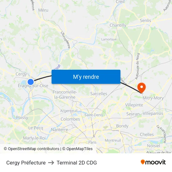 Cergy Préfecture to Terminal 2D CDG map