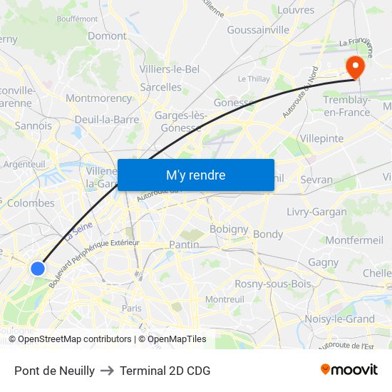 Pont de Neuilly to Terminal 2D CDG map