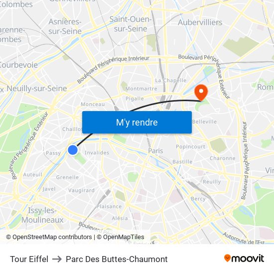 Eiffel Tower to Parc Des Buttes-Chaumont map