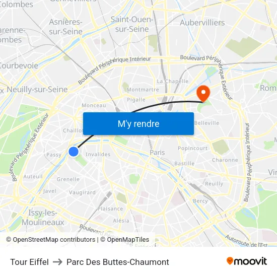 Eiffel Tower to Parc Des Buttes-Chaumont map