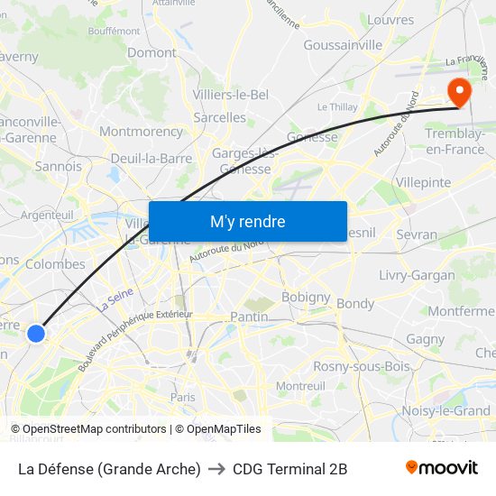 La Défense (Grande Arche) to CDG Terminal 2B map