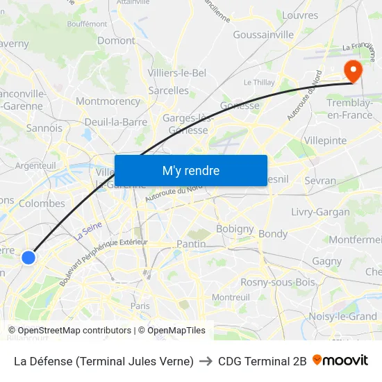 La Défense (Terminal Jules Verne) to CDG Terminal 2B map