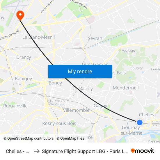 Chelles - Gournay to Signature Flight Support LBG - Paris Le Bourget Terminal 3 map