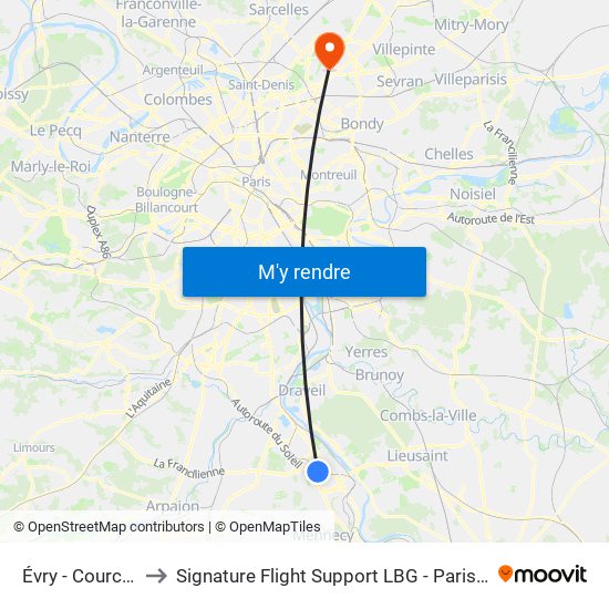 Évry - Courcouronnes to Signature Flight Support LBG - Paris Le Bourget Terminal 3 map