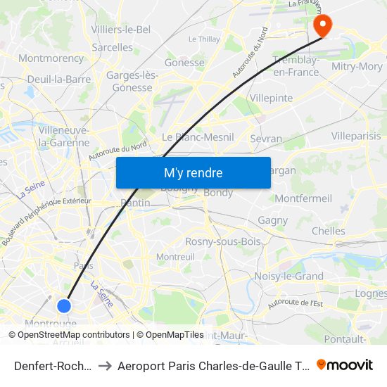 Denfert-Rochereau to Aeroport Paris Charles-de-Gaulle TERMINAL L map