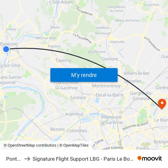 Pontoise to Signature Flight Support LBG - Paris Le Bourget Terminal 1 map