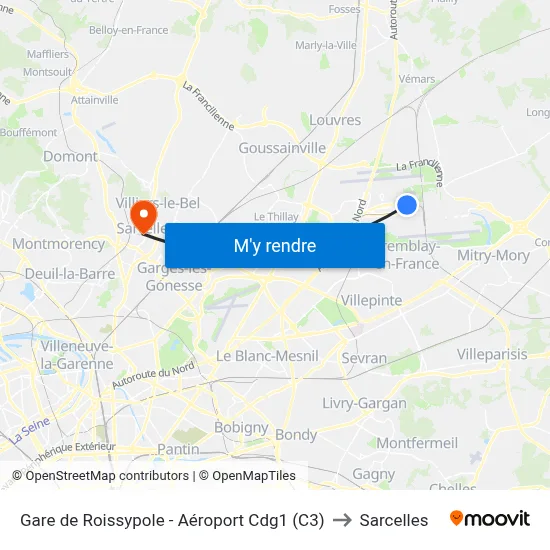 Gare de Roissypole - Aéroport Cdg1 (C3) to Sarcelles map