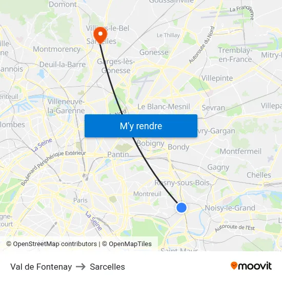 Val de Fontenay to Sarcelles map