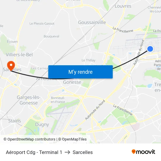 Aéroport Cdg - Terminal 1 to Sarcelles map