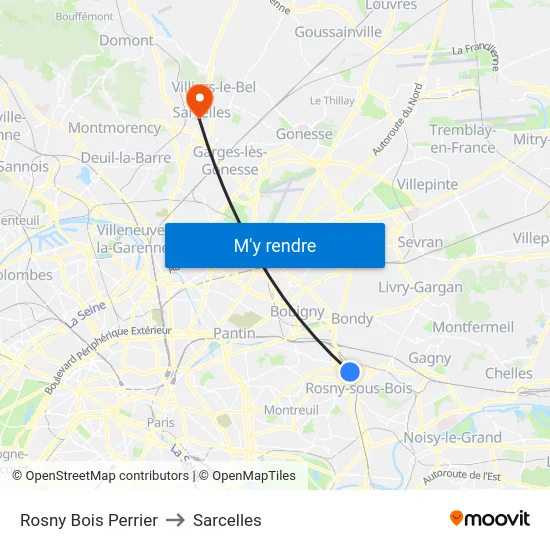 Rosny Bois Perrier to Sarcelles map