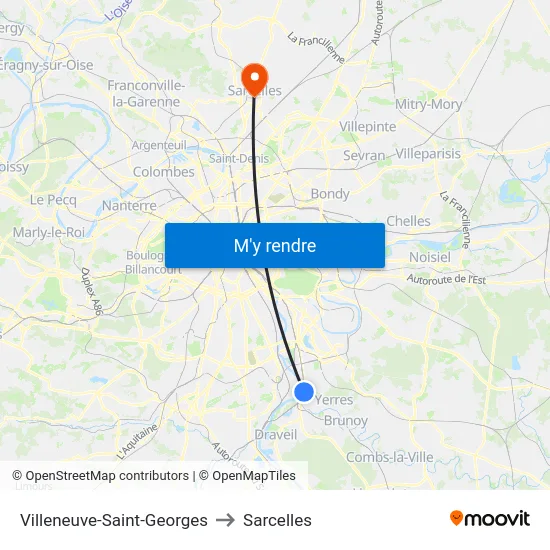 Villeneuve-Saint-Georges to Sarcelles map