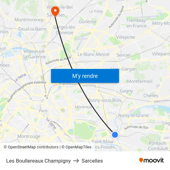 Les Boullereaux Champigny to Sarcelles map