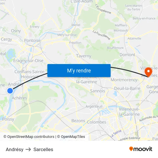 Andrésy to Sarcelles map