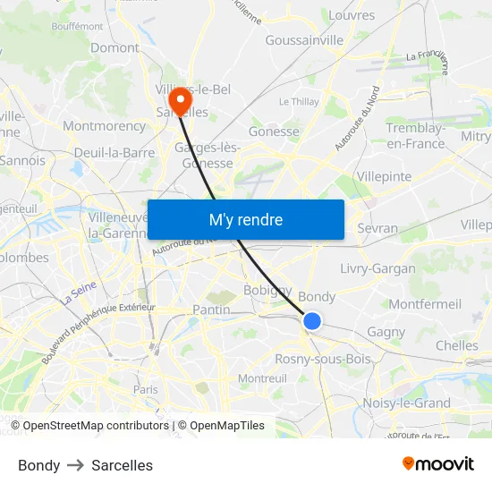 Bondy to Sarcelles map