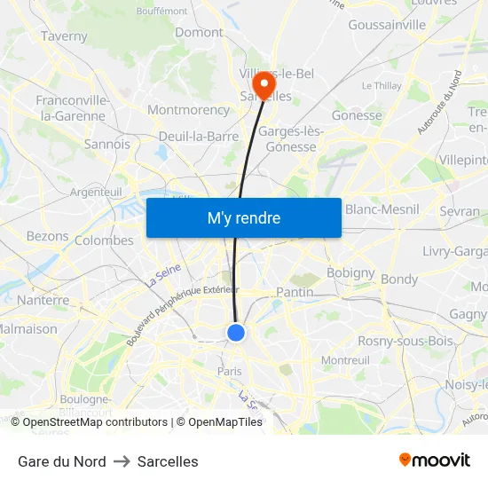 Gare du Nord to Sarcelles map