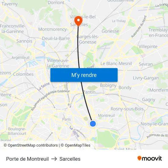 Porte de Montreuil to Sarcelles map