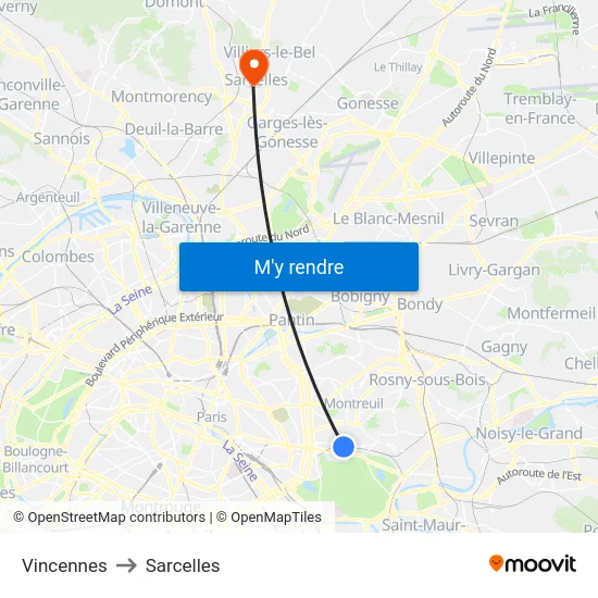 Vincennes to Sarcelles map