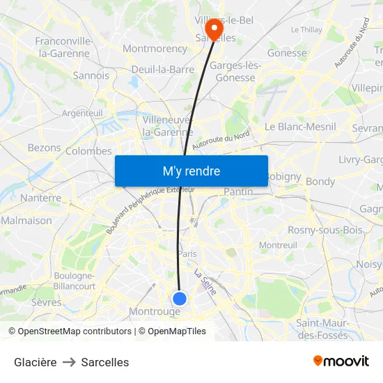 Glacière to Sarcelles map