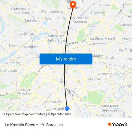 Le Kremlin-Bicêtre to Sarcelles map