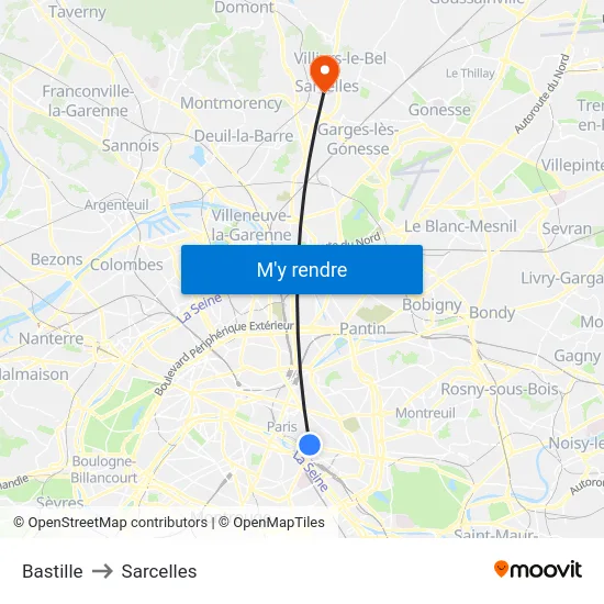 Bastille to Sarcelles map