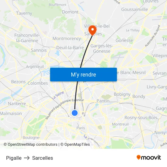 Pigalle to Sarcelles map