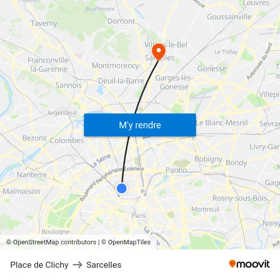 Place de Clichy to Sarcelles map