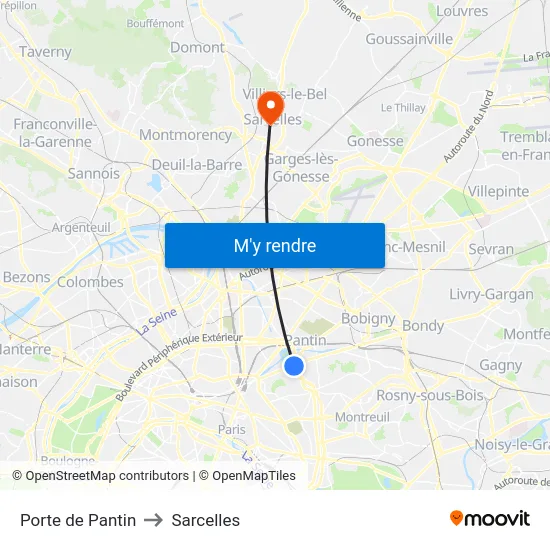 Porte de Pantin to Sarcelles map