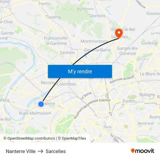 Nanterre Ville to Sarcelles map
