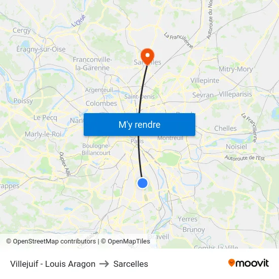 Villejuif - Louis Aragon to Sarcelles map
