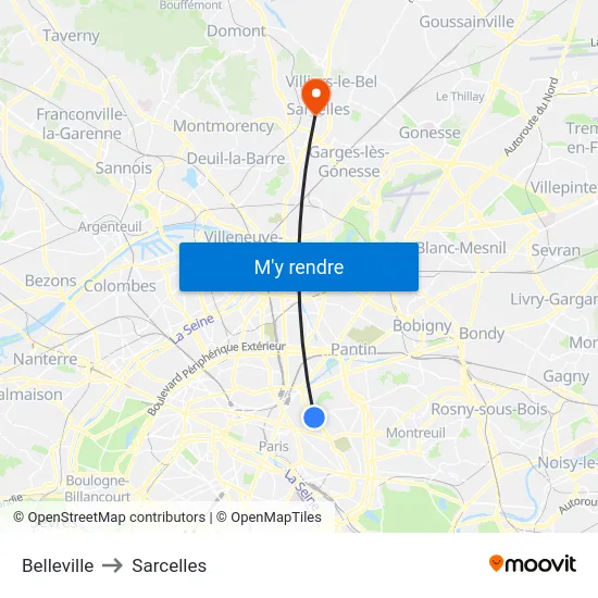 Belleville to Sarcelles map