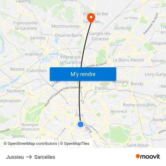 Jussieu to Sarcelles map