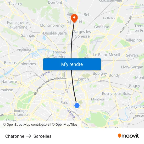 Charonne to Sarcelles map