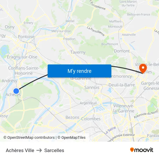 Achères Ville to Sarcelles map