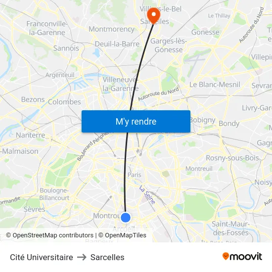 Cité Universitaire to Sarcelles map