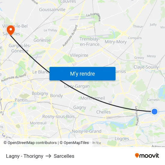 Lagny - Thorigny to Sarcelles map