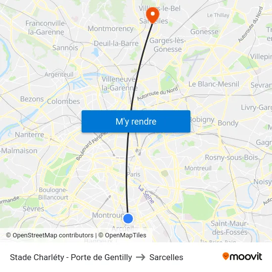 Stade Charléty - Porte de Gentilly to Sarcelles map