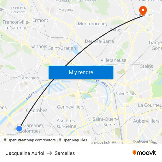 Jacqueline Auriol to Sarcelles map