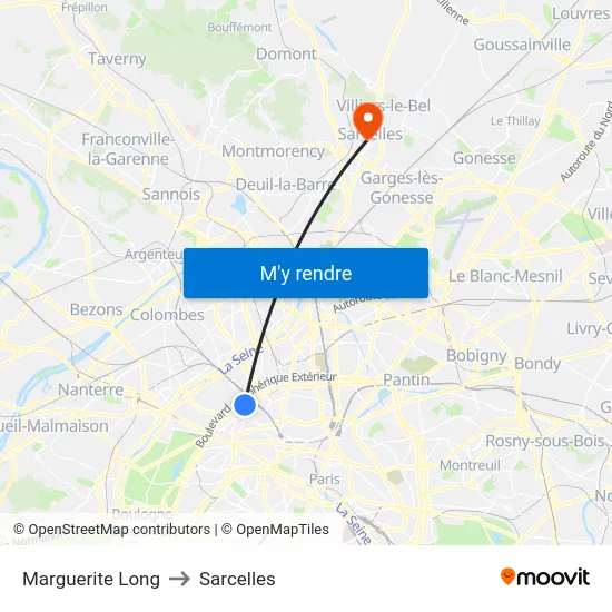 Marguerite Long to Sarcelles map