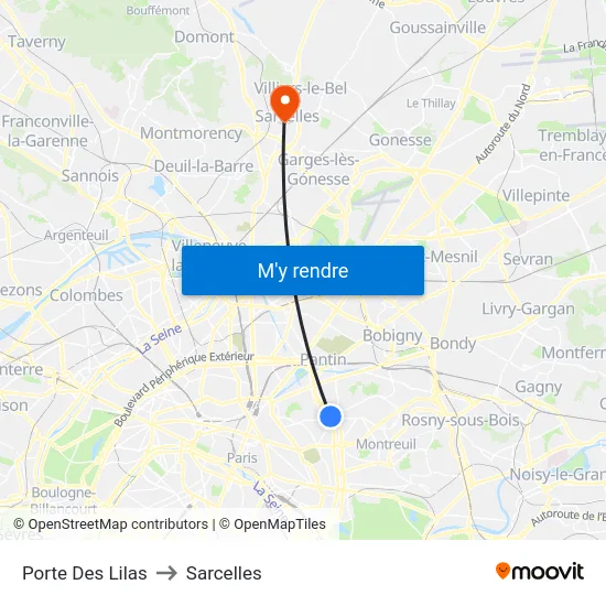 Porte Des Lilas to Sarcelles map