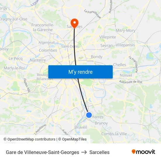 Gare de Villeneuve-Saint-Georges to Sarcelles map