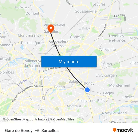 Gare de Bondy to Sarcelles map