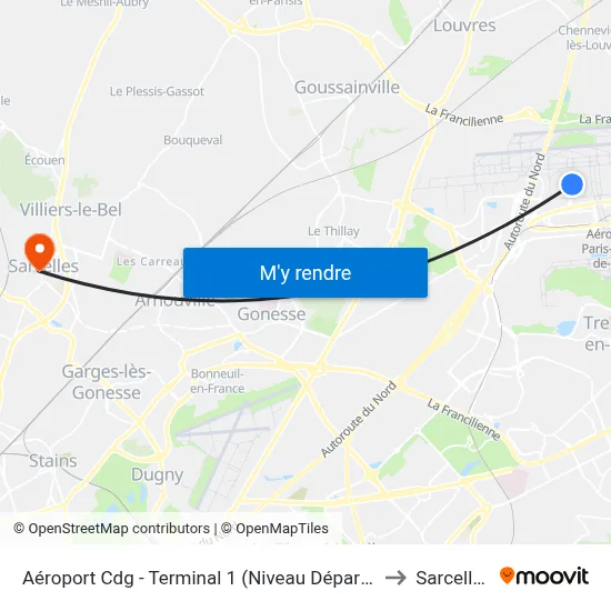 Aéroport Cdg - Terminal 1 (Niveau Départs) to Sarcelles map