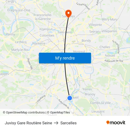 Juvisy Gare Routière Seine to Sarcelles map