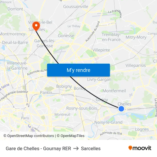 Gare de Chelles - Gournay RER to Sarcelles map