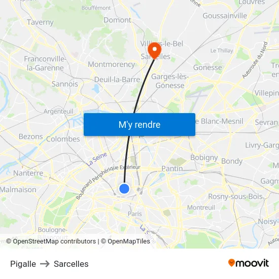 Pigalle to Sarcelles map