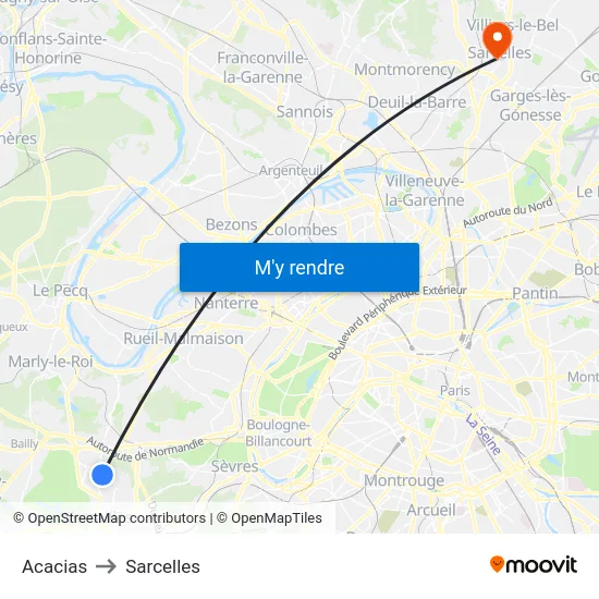 Acacias to Sarcelles map