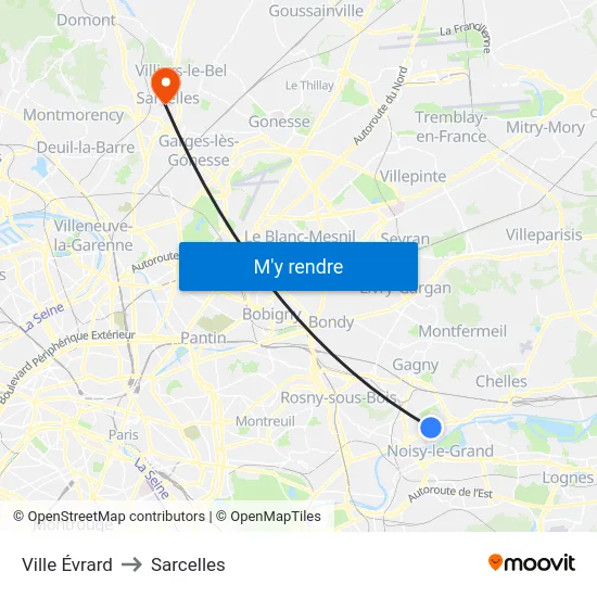Ville Évrard to Sarcelles map